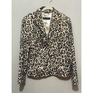 Pamela McCoy Animal Leopard Linen Blend Lined‎ Snap Closure Blazer Jacket M